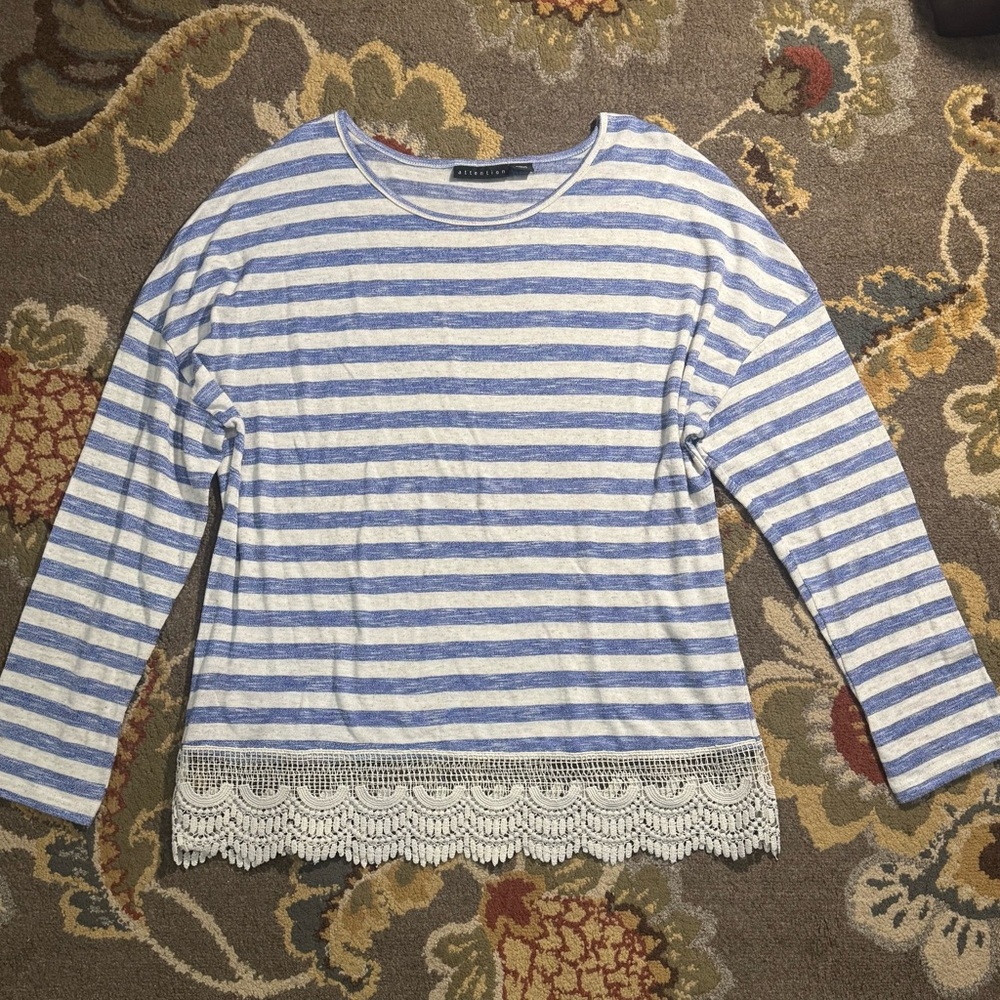 Blue and White Striped lace Women's Top